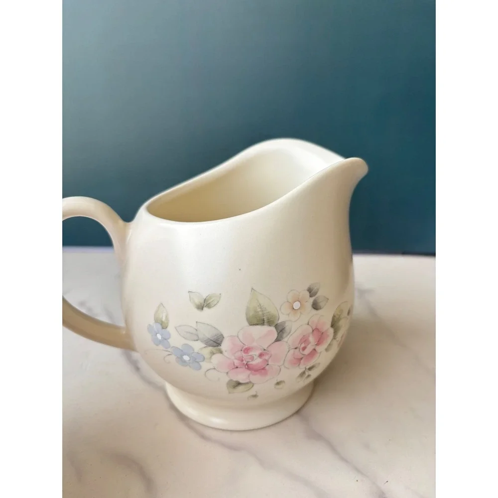 Pfaltzgraff Tea Rose Creamer Pitcher Stoneware Floral Pink Blue Made in USA
